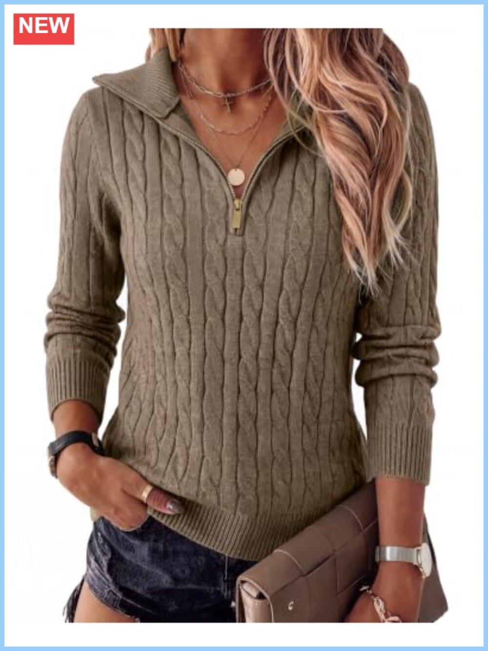 Quarter Zip Cable Knit Pullover Sweater Mock Neck Long Sleeve